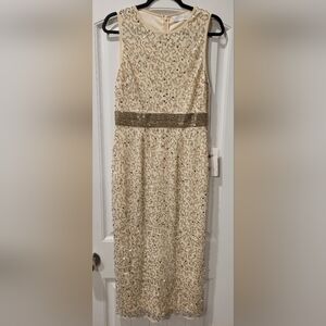Mac Duggal Cream and Gold Midi Dress